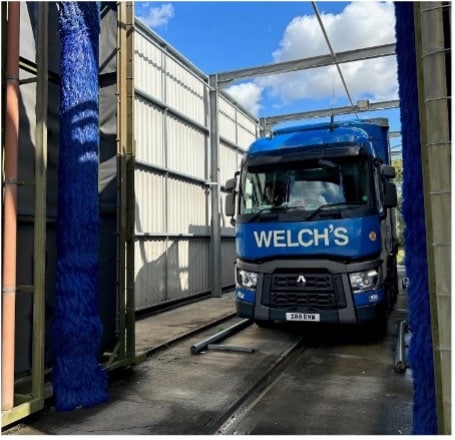 A Welch's lorry waiting to pass through the depot's new lorry washing facility